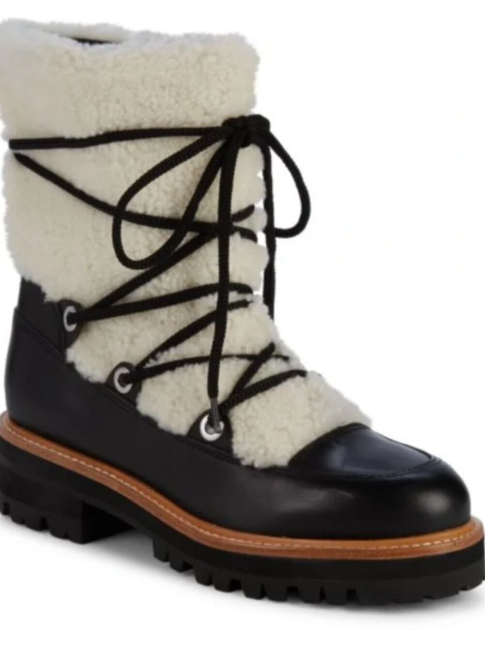 Marc Fisher mlisha black leather lace up boot real shearling lining 6.5